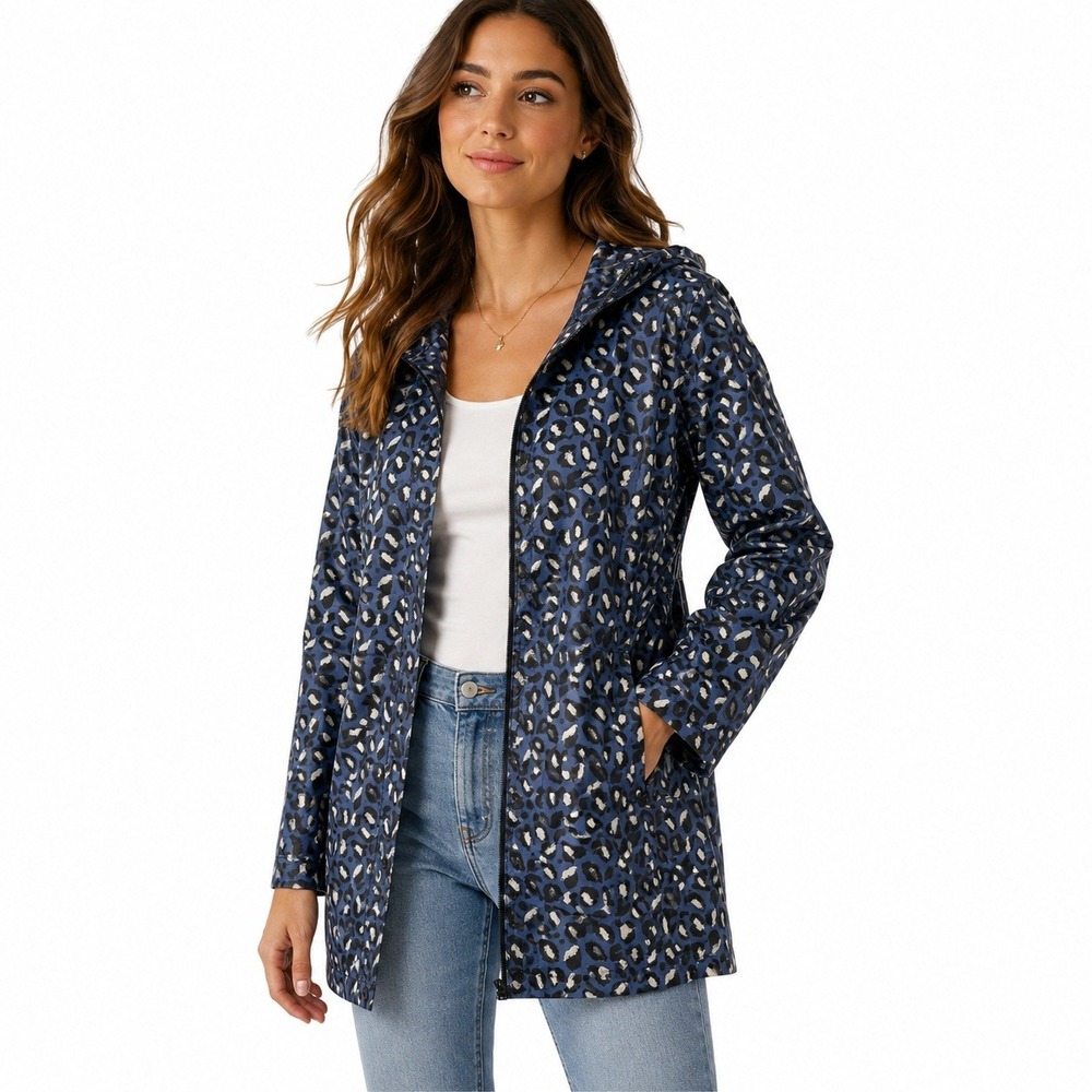 PAQME Anyday‎ PAG213 Blue Leopard Print Packable Hooded Rain Jacket M